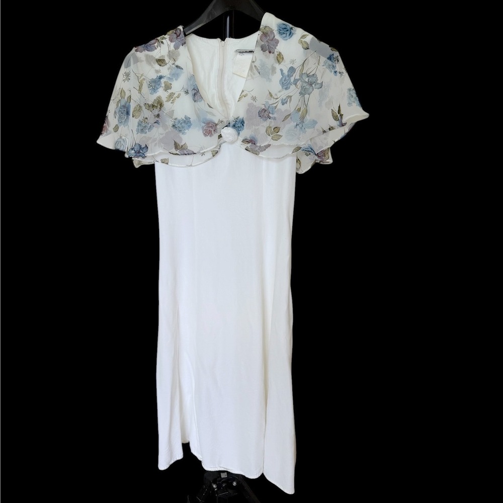 80's Coquette White Floral Capelet Dress Rosette Peasant Lace Up Back Rayon Midi